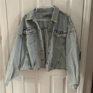 NWT Maurices cropped bomber-style denim jacket with pearl and rhinestone details